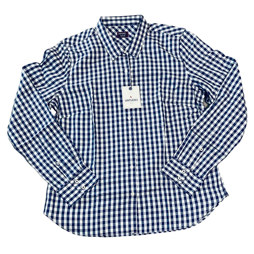 NWT UNTUCKit Cotton Navy Blue White Plaid Button Up Shirt Causal Country Belleza - Picture 2 of 6